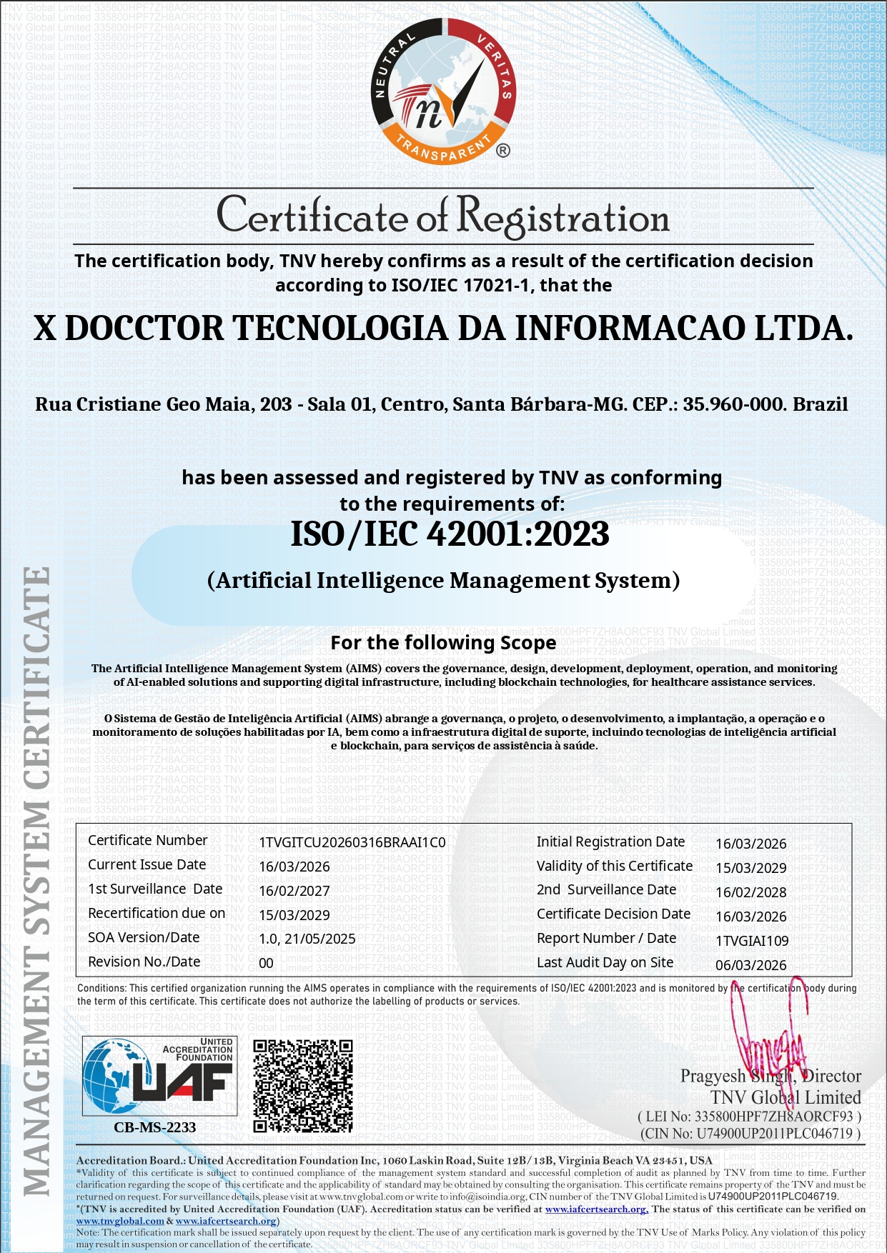 Certificado ISO 42001 da Xdocctor